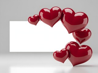 Glossy red hearts framing a clean white space for a message or invitation on a light background