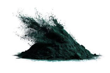 Teal powder pile with splash and dust particles against black background green, Png On White Background, Isolated on Transparent Background, Cut Out