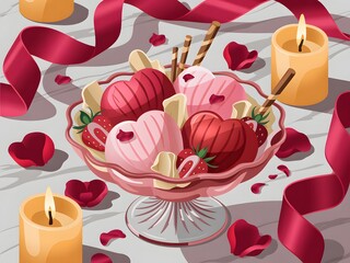 Heart-shaped ice cream dessert with strawberries, candles, and red ribbons on valentine's day