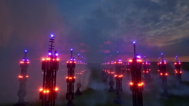 6g towers farm fog red led lights network telecommunication 4k