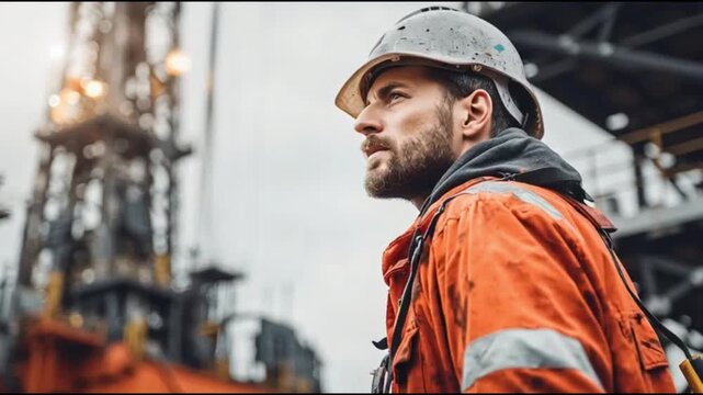 Oil Rig Engineer Overseeing Energy Operations with Determination, Wearing Safety Gear Uniform, Standing Confidently on Offshore Industrial Rig under dramatic sky at work site today
