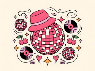 Retro groovy disco ball party illustration with hat, vinyl records, and cherries