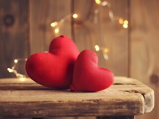 Romantic red fabric hearts on rustic wood with soft background lights