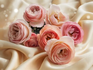 Pink roses on a luxurious silk fabric background with a soft and romantic atmosphere