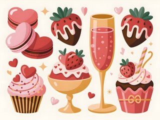 Heart-shaped macarons, chocolate covered strawberries, and other sweet treats for a perfect valentine's day