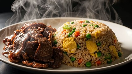 Delicious, Steaming Mutton or Beef Biryani Served on a White Plate, Traditional South Asian Rice Dish with Meat and Spices.