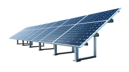 Solar panel array on metal frame against a black background view on transparent background