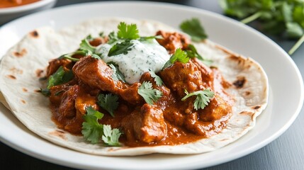 Fototapeta premium Chicken Tikka Masala Wrap with Yogurt Sauce and Fresh Cilantro