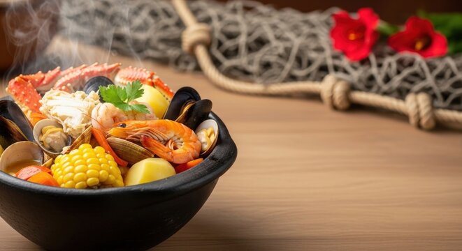 Hearty Chilean Cazuela de Mariscos Seafood Stew in Black Clay Pot with Negative Space