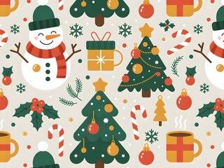Seamless christmas pattern with snowmen, festive trees, hot chocolate mugs, and winter decor