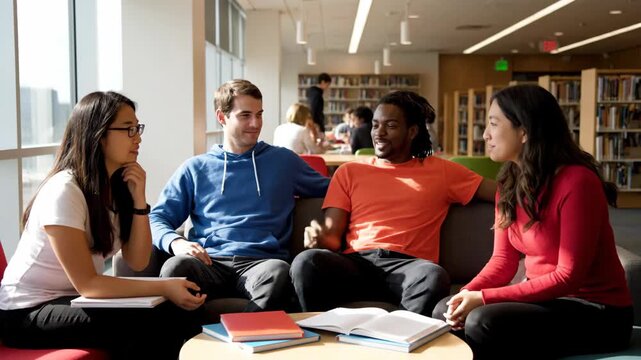 Students laugh together in a brightly lit study area on campus