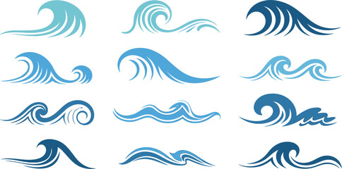 Collection of Stylized Blue Ocean Wave Icons and Symbols water