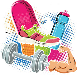 Fototapeta na wymiar Vibrant pop art vector illustration of fitness and workout essentials, featuring a dumbbell, running shoe, water bottle, and flexing arm muscle, symbolizing power, health, and dynamic gym training