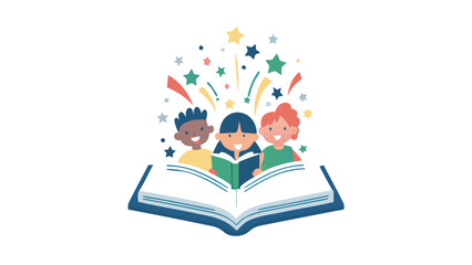 Three diverse children reading a book with colorful stars and confetti exploding from the pages in a joyful educational scene