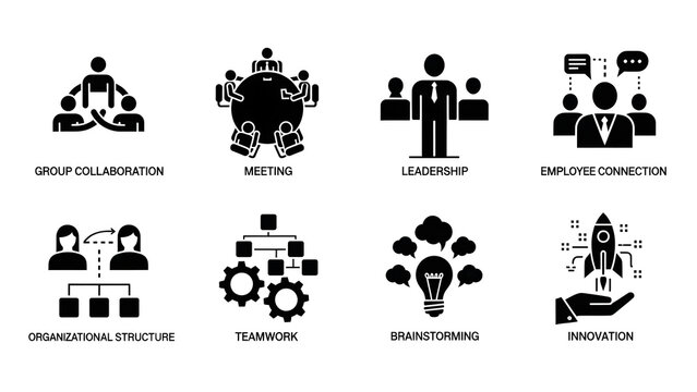 Set of vector icons representing business concepts like teamwork, collaboration, and innovation in an office environment