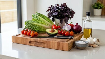 Fresh, Colorful Vegetables and Herbs (Tomato, Onion, Garlic, Basil) on a Wooden Cutting Board in a Bright Modern Kitchen Setting