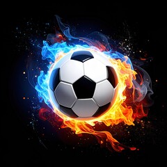 Naklejka premium Soccer ball engulfed in vibrant blue and orange flames against a black background