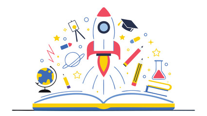 Vibrant illustration of a rocket launching from an open book surrounded by education and science symbols like globe, graduation cap, beaker, and stars