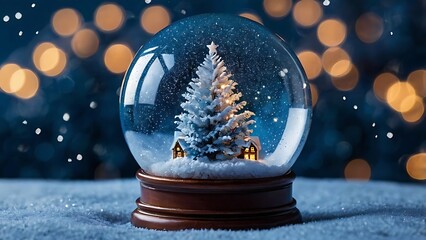 Glowing Christmas tree inside a crystal snow globe with soft snowfall and blue winter light. Magical holiday background for seasonal designs, greeting cards, and festive visuals