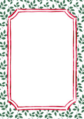 Floral pattern with red border. Watercolor illustration for festive invitation.