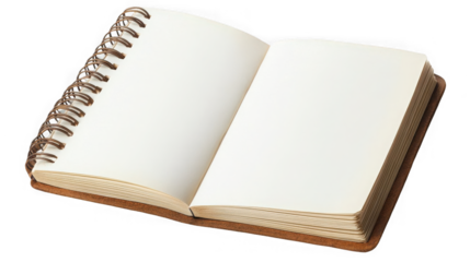 Open spiral notebook with blank pages on a black background on transparent background