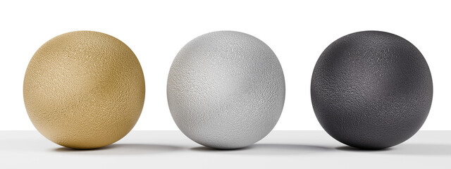 Three Textured Spheres: Gold, Silver, and Black Balls Displayed Side-by-Side. Isolated Cutout Image on a Transparent Background