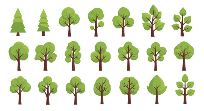 Diverse collection of stylized green trees with brown trunks in varying shapes and sizes arranged in a simple grid for decorative nature visuals.