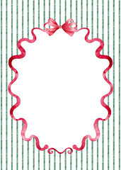 Hand-painted watercolor border with a classic green striped background and festive bow. A versatile Christmas design for greeting cards, invitations, menus, posters, and printable holiday stationery.