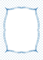 Ornate blue frame with delicate scrollwork and polka dot background. Suitable for invitations, cards, stationery, and decorative design projects.