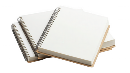 A stack of three blank spiral bound notebooks on black background on transparent background