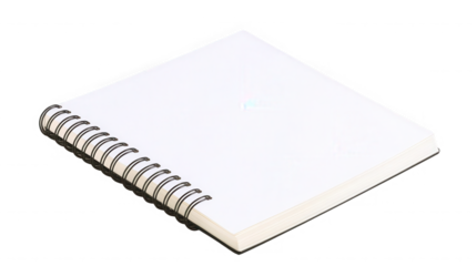 A blank white spiral notebook lying on a black background view on transparent background