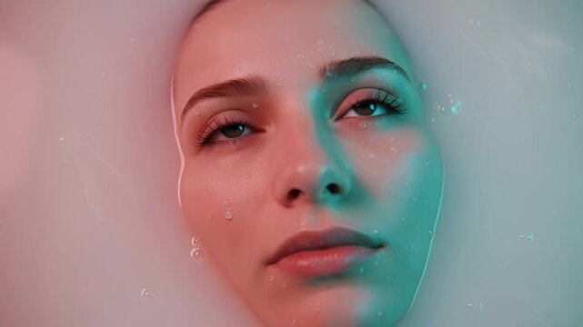 Beautiful young caucasian woman's face in a milk bath for a spa treatment. Artistic beauty portrait with red and cyan neon lights showing a sequence of relaxation and awakening