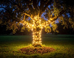 Large tree illuminated by glowing string lights at twilight