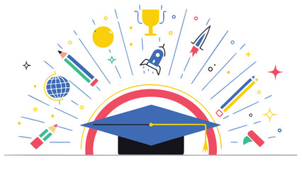 Vibrant graduation cap surrounded by colorful educational icons and symbols of achievement on white background