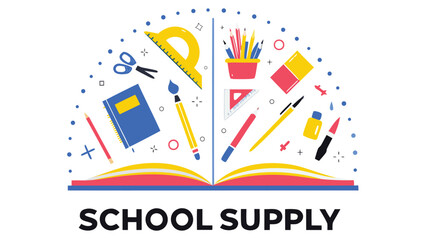Colorful illustration of school supplies coming out of an open book, including pencils, scissors, and notebooks, symbolizing education and learning