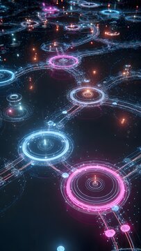 Developer Analyzing Floating Holographic CI/CD Pipeline Path Formed from Connected Modular Stages and Flow Arrows &ndash; Software Development Technology Vertical Image