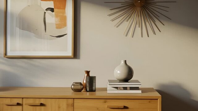 Stylish living room interior with a modern wooden sideboard, abstract wall art and sunburst decor. Mid-century inspired furniture in a sunlit contemporary home apartment