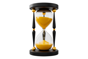 Elegant Black and Gold Hourglass with Yellow Sand on White Background - Time Management and Deadline Concept