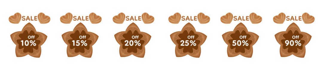 Set OF Sale Labels 10% to 90% in Coffee Brown Cookie Style, Bakery-Themed Discount Tags Perfect for marketing materials, online shops, social media promotions, banners, posters, and branding designs