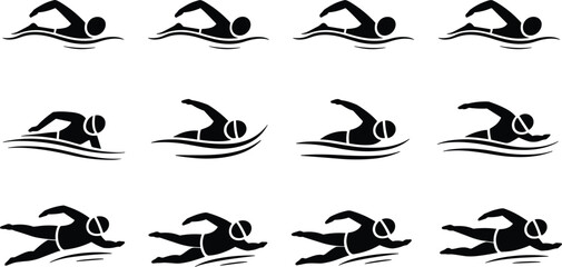 Sequence of Black Silhouette Icons Depicting Swimming Strokes swimmer symbol