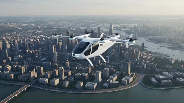 Futuristic electric air taxi flying over a modern city skyline. Advanced urban air mobility concept for future transportation. Autonomous passenger drone service in a metropolis