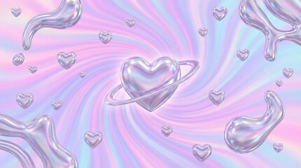 メタリックなハートのモチーフ、オーロラカラーの渦巻き模様背景