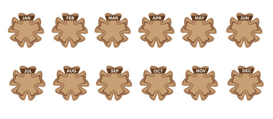 Editable Monthly Cookie Badge Set January to December in Creamy Coffee Brown Style, Unique Wavy Biscuit Shapes with Blank Center for Calendar and Planner Design