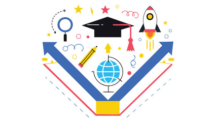 Vibrant educational icons surround graduation cap, symbolizing learning, growth, and academic success stories