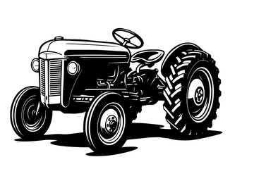 Bold, vintage-style blackillustration of a classic farm tractor. Features large tires and exposed engine detail.