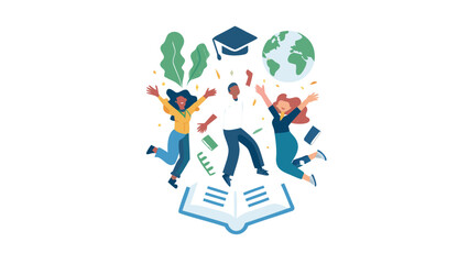 Three diverse students jumping in the air celebrating education and learning with graduation cap globe and book