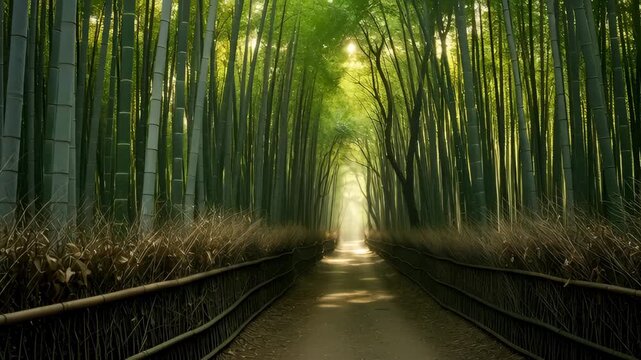 Pathway through the magical arashiyama bamboo forest in kyoto japan. Sunbeams shining through tall green stalks creating a serene atmosphere. Peaceful nature background for travel