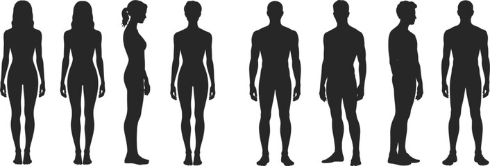Silhouettes of Male and Female Figures in Different Poses and Views woman
