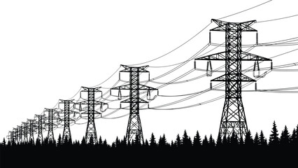 Black silhouette of power line towers and trees against a white background Keywords: power line, electricity, transmission tower