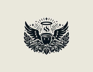 Obraz premium Angelic coffee cup with wings and halo presented as elegant black vector logo illustration